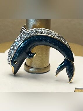Vintage Blue/Green Enamel Dolphin Brooch with Clear Crystal Accents